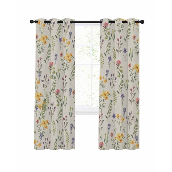 Wildflowers Blossom Blackout Curtains, Light Blocking Print Window Curtains, Spring Pastoral Botanical Flowers Beige Thermal Insulated Window Drapes for Living Room 2 Panels, 104"W x 84"L