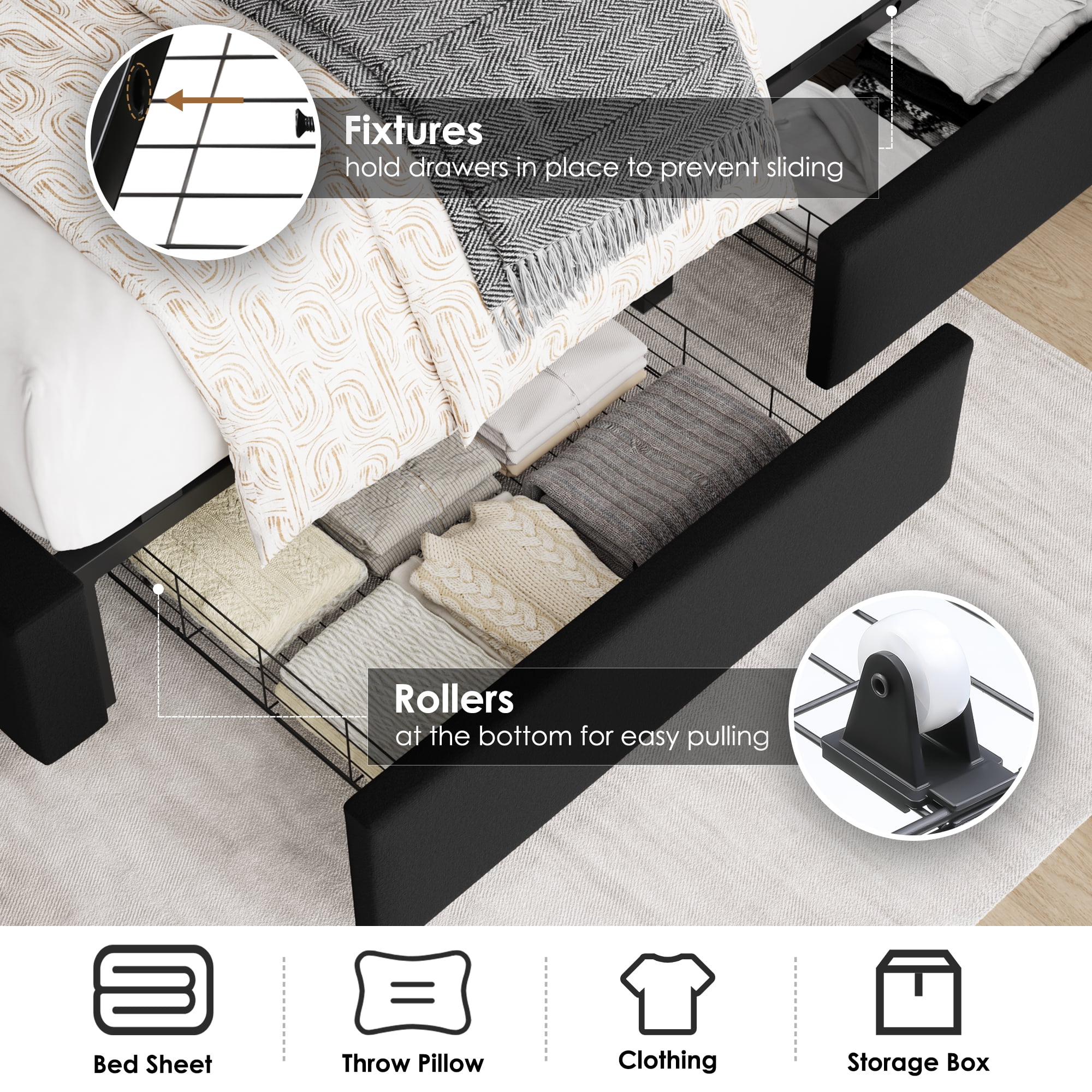Homfa 54.7" Tall Headboard Bed Frame, Queen Size Storage Bed with Tall Headboard, Tall Upholstered Bed with Footboard and Drawers, Black