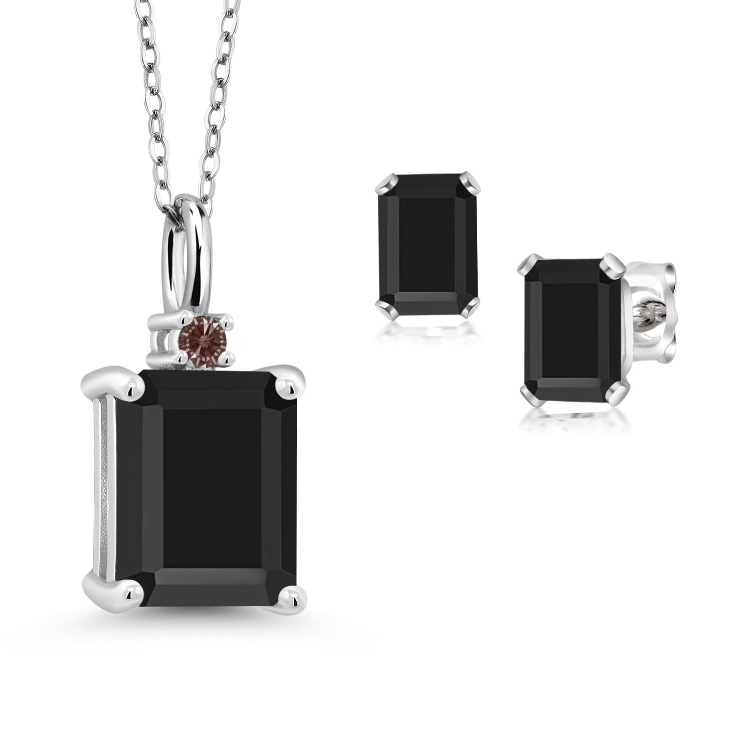 925 Sterling Silver Black Onyx and Fancy Brown Zirconia Pendant and Earrings Jewelry Set for Women (4.28 Cttw, Gemstone December Birthstone, Emerald Cut 10X8MM and 6X4MM, with 18 inch Chain)