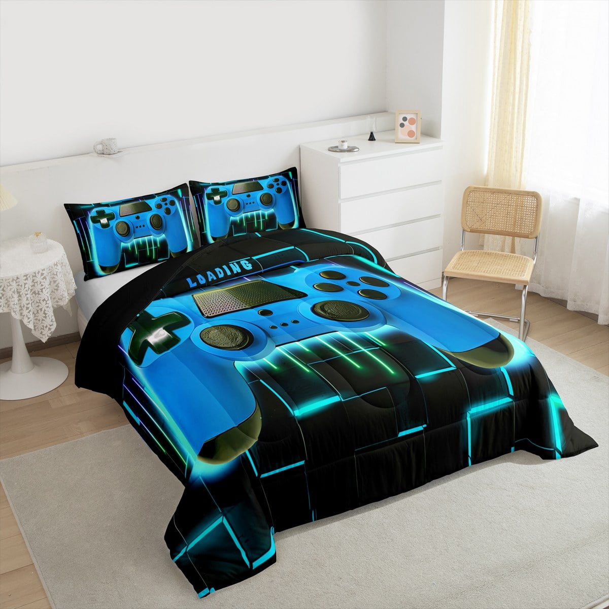 Blue Gaming Full Size Comforter Sets - Gamer Comforter Full Size Bedding Set, Neon Lights Abstract Geometry Design Gamer Room Decor