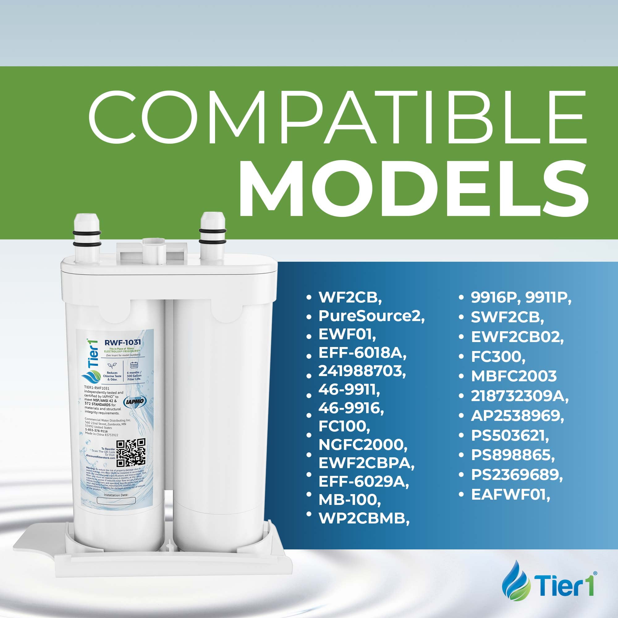 Tier1 RWF1031 WF2CB Refrigerator Water Filter | Replacement for PureSource2 WF2CB & EWF01 Fridge Filter - Up to 12 Months Supply | Easy Install | Odor Control | Clean & Great Tasting Water (2-pk)