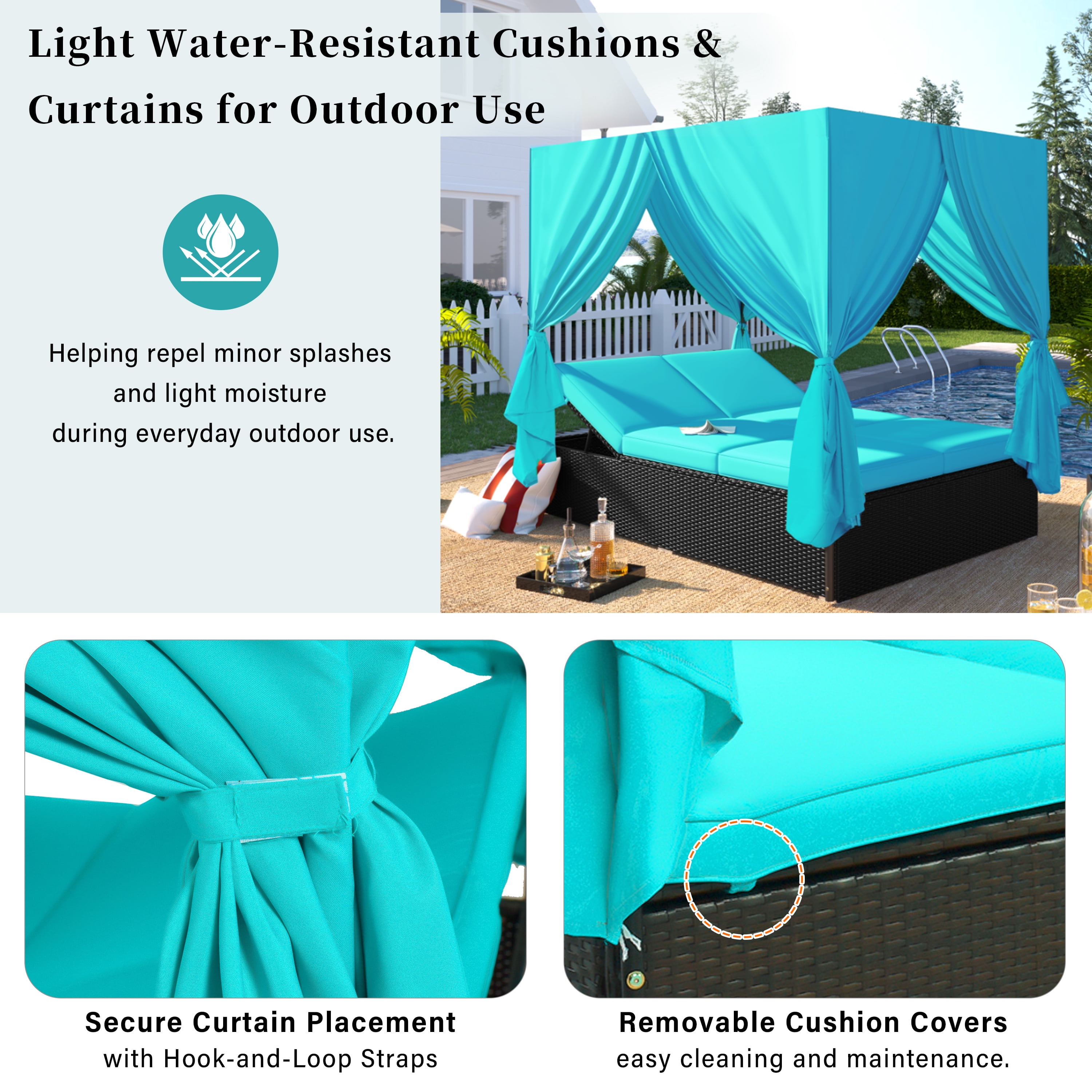 YIORTWO Outdoor Double Chaise Lounge Daybed with Curtains, Adjustable Backrest & Footrest, Steel Frame Loveseat Sofa for Backyard Poolside, Blue