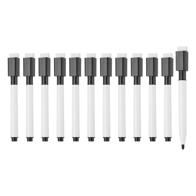 Whiteboard Pen, 0.5-1mm Fine Tip Dry Erase Black White Board Markers, 12 Pcs. The image displays 12 black and white markers with fine tips and built-in erasers on the caps. These markers feature quick-drying, low-odor black ink and are ideal for writing, drawing, and erasing on whiteboards. Each marker measures 11.3x1.3x0.9cm and is suitable for use in offices, classrooms, and homes.