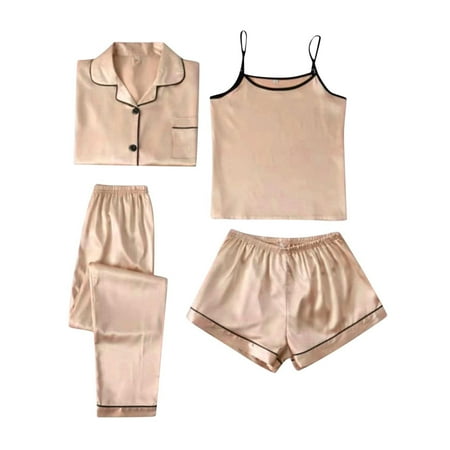 

ZHAGHMIN Sleepwear For Women Pajama Set New Solid Ice Silk Pajamas Women S Home Suit Flamingo Print Fashion Slim Pajamas Four Piece Set For All Seasons Top And Shorts Set Silk Pajamas For Teen Girls