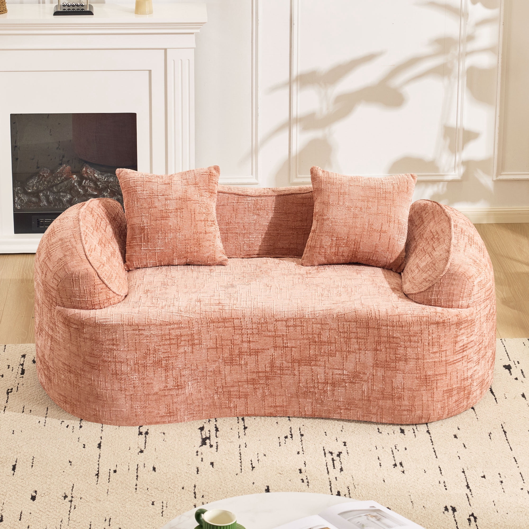 Curved Loveseat, Pink Compress Chenille Sofa with Two Pillows and Armrests, Foam Spring 2-Seater for Small Apartment Living Room or Bedroom, 67-Inch