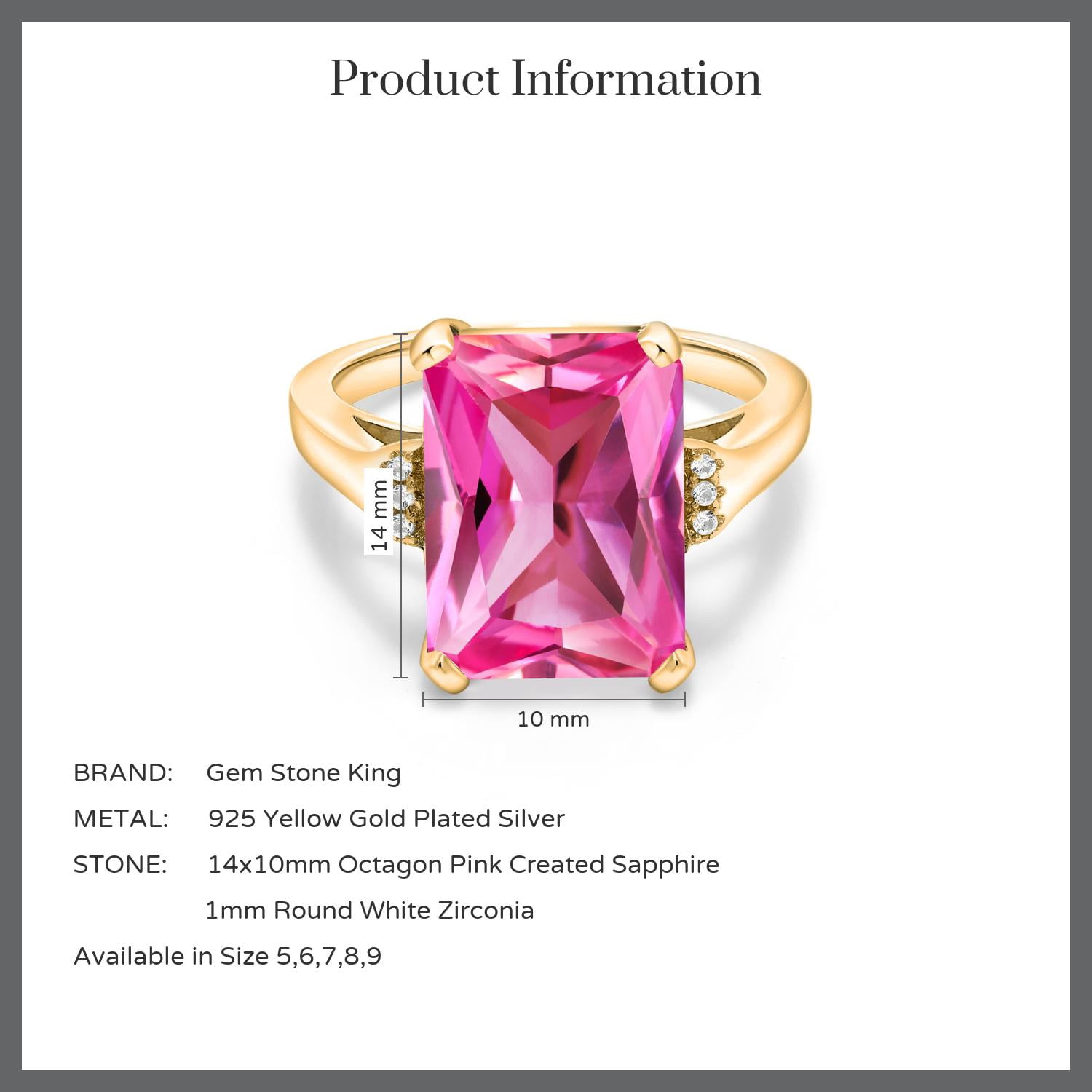 Gem Stone King 10.07 Cttw Pink Created Sapphire Engagement Ring for Women | 18K Yellow Gold Plated Silver| Octagon 14X10MM | Gemstone September Birthstone | Size 9