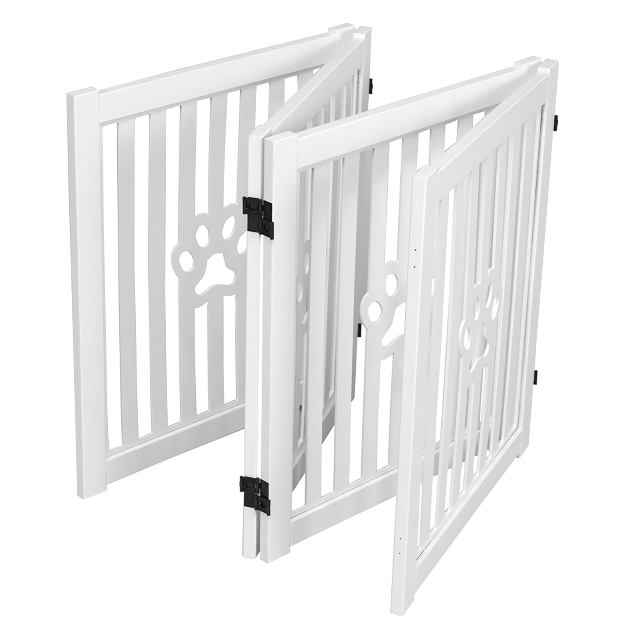 Trimate: 4 Panel Dog Gate - White - Foldable Wooden Freestanding Pet Gate, 80"L x 23.6"H, For Doorways, Halls & Stairs, 360 Degree Rotated Hinges