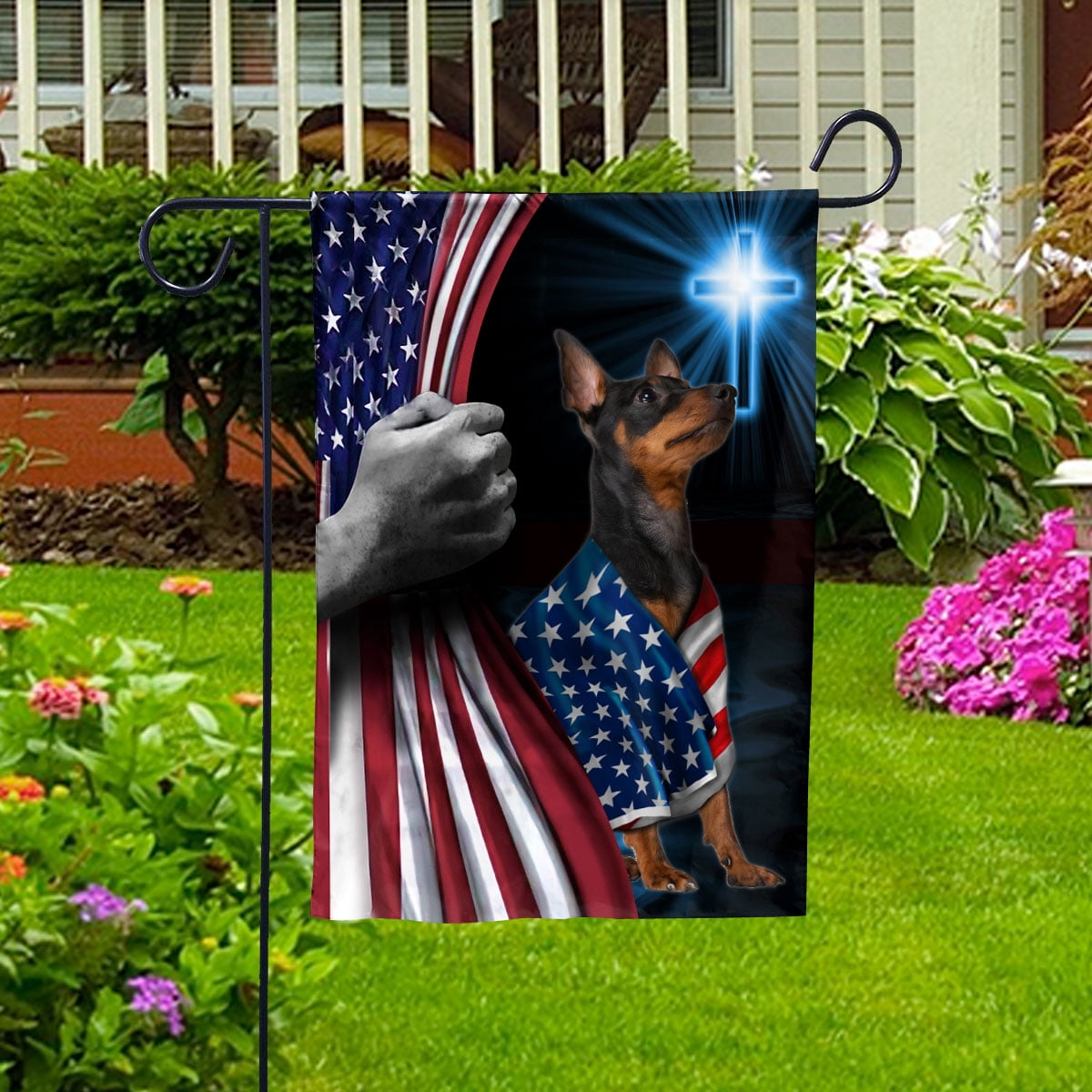 Hand Pulling USA Flag Doberman Pinscher Dog Wearing Flag American Standing under Cross Christian Patriotic House Flag (3x5) Double Sided- Premium Polyester-Decorative Indoor Outdoor Flag