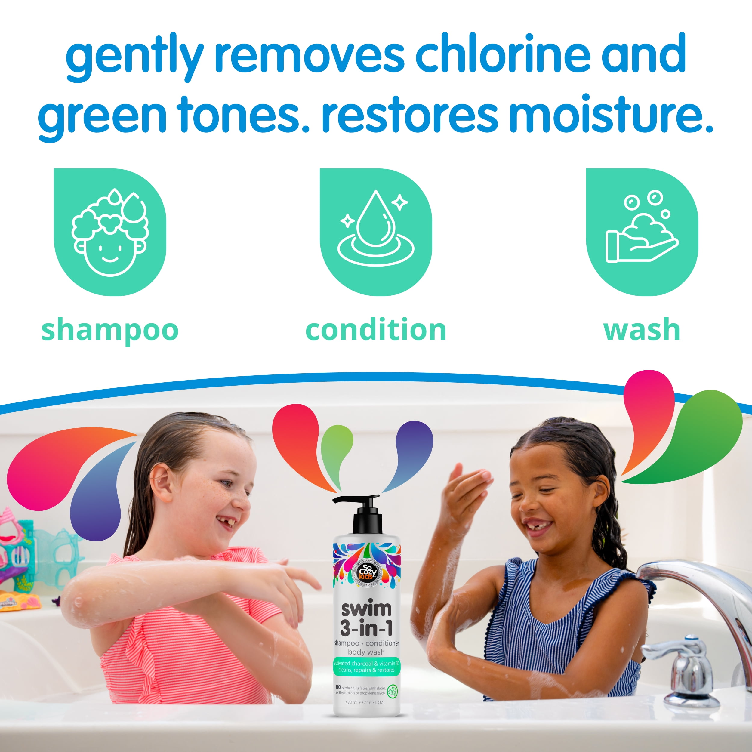 SoCozy Kids 3-in-1 Swim Shampoo + Conditioner + Body Wash, Removes Chlorine & Salt, 16 Oz