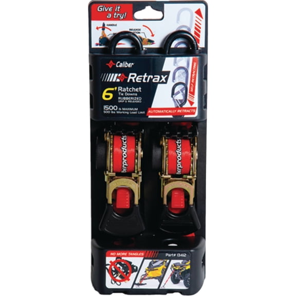 Caliber 13412 Auto Retractable 6' Power Spring Strap with 2" Hook - 1 Pair