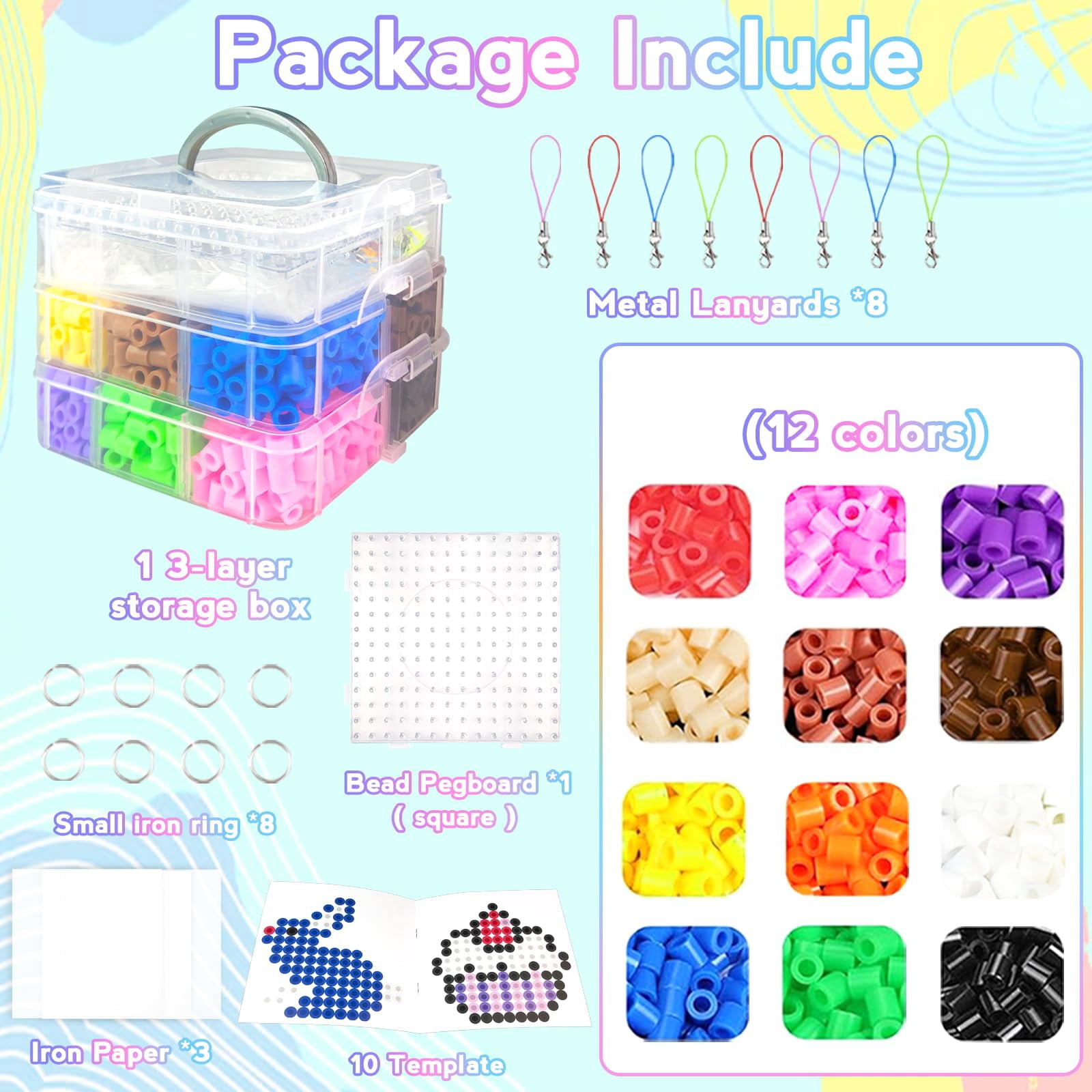 10mm Large Fuse Beads Kit– 12 Colors XL Set with Storage Box, Ironing Papers, Pegboards, Booklet, DIY Art Craft Gift for Girls & Boys Age 3+, for Birthday, Christmas, Available in Blue, Red, or White