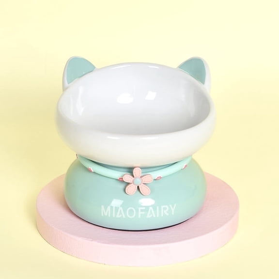 Fairela™ Elevated Ceramic Cat Bowl with Cute Ear Design - Anti-Slip Raised Stand Pet Food & Water Dish for Cats, Small Pets,Green