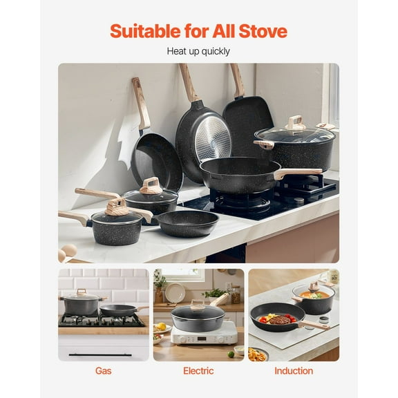 Induction Ready 19-Piece Granite Nonstick Pots and Pans Set – Black Kitchen Cookware with Glass Lids