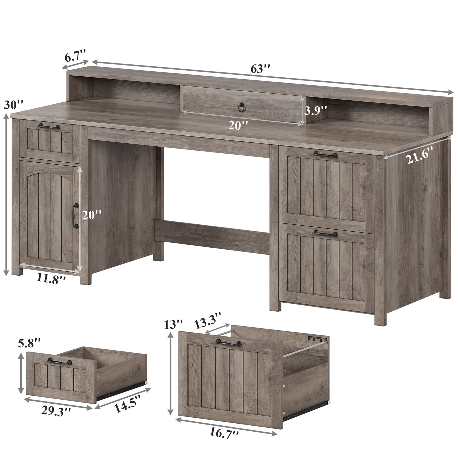 Executive Desk, 63" Farmhouse Desk with Storage, Home Office Desk with Drawers and Cabinet, Wood Desk with Monitor Stand, Rustic Writing Desk Study Table, Elegant Computer Desk with File Drawer, Grey