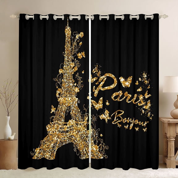 jejeloiu Cute Butterflies Black Out Curtains,Gold Eiffel Tower Curtains Pack of 2 (42x63 Each) For Adults