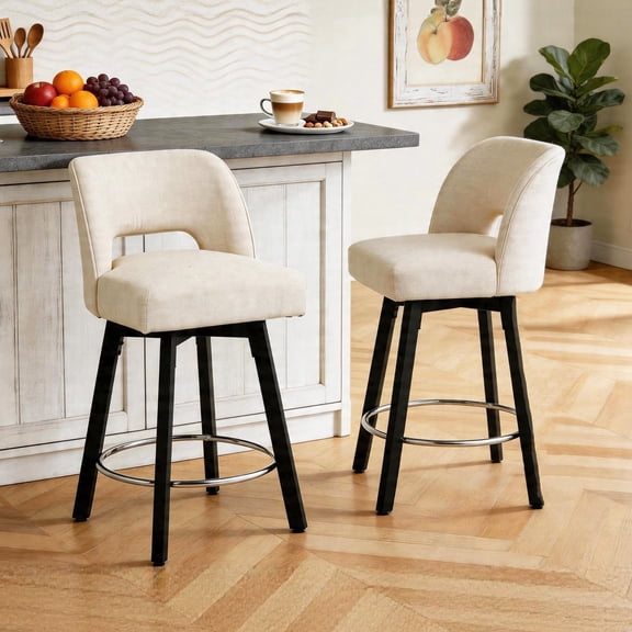 ClinQ 26" Counter Height Bar Stools Set of 2, Upholstered Fabric Bar Chairs with Backrest, Metal Legs and Silver Footrest Ring, Beige