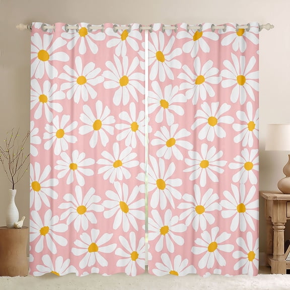 Homewish Vibrant Pink Flower Black Out Curtains for Kid, Groovy Daisy Floral Curtains Pack of 2 (42x63 Each), Kawaii Cartoon Theme Bedroom Curtains, Window Curtains Bedroom Decor