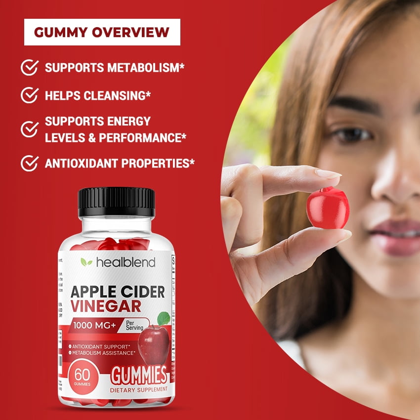 Healblend Apple Cider Vinegar Gummies - ACV 1000mg Advanced Weight Loss, Metabolism Booster, Antioxidant Support Supplement with Vitamin B12, for Women & Men 2-Pack