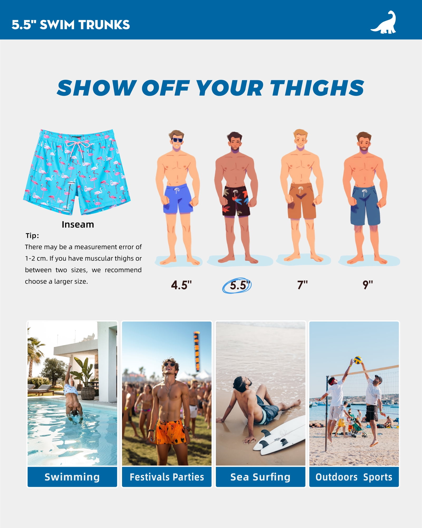 SURF CUZ Mens Swim Trunks with Compression Liner Mens Swimming Trunks 5 Inch Bathing Suit with Zipper Pockets Quick Dry Swim Shorts Blue Flamingo Medium
