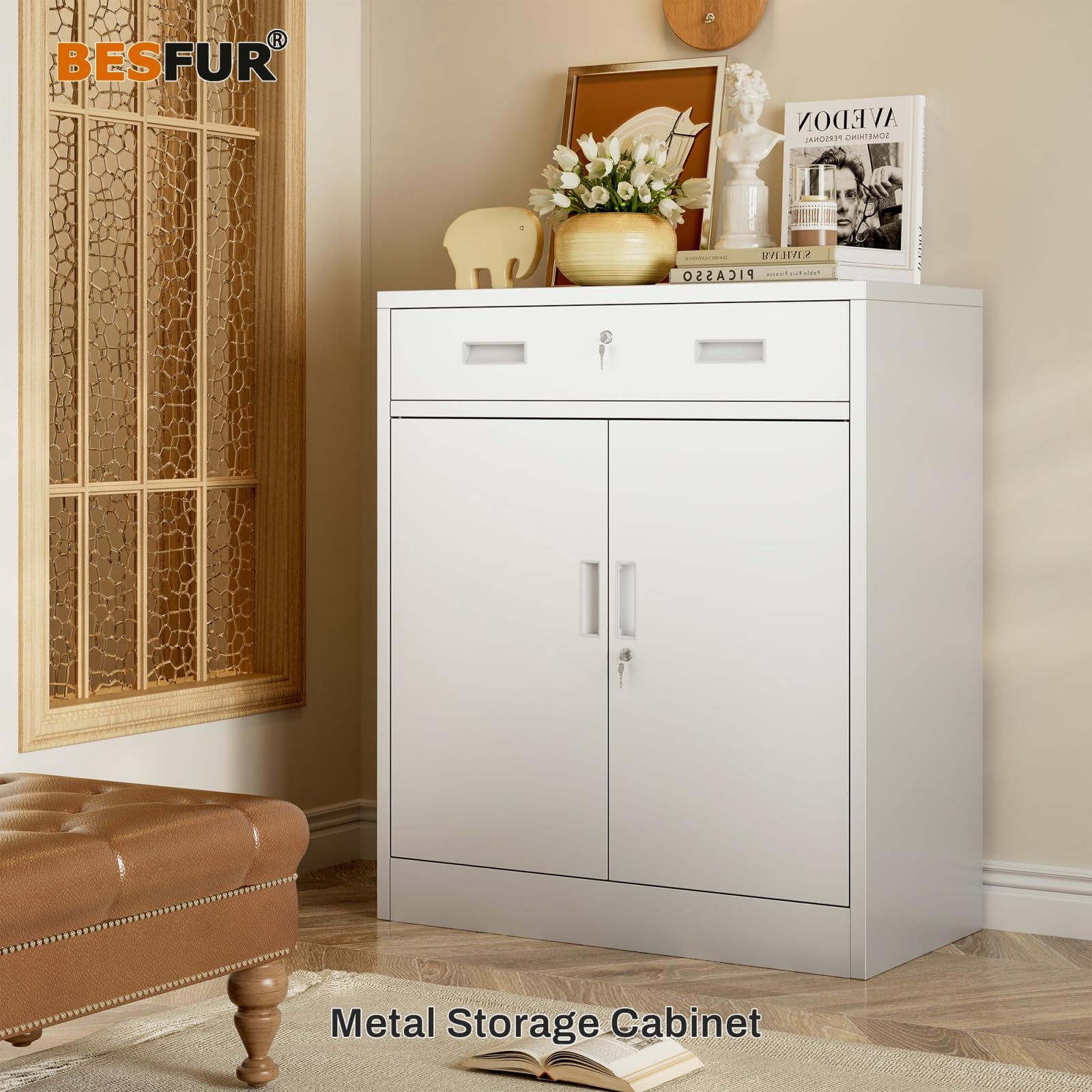 BESFUR Metal Garage Storage Cabinet with 2 Doors and 1 Drawer, Locking Stoage Cabinet for Garage, Classroom and Office - White