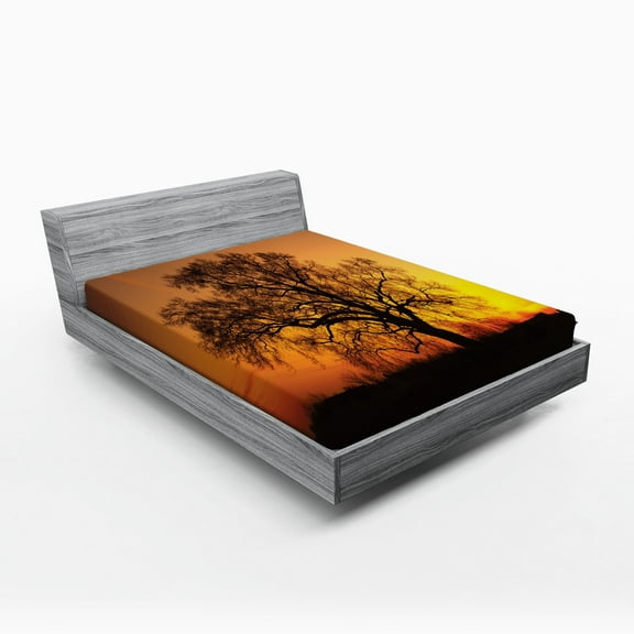 Ambesonne Tree Fitted Sheet, Old Oak at Sunset View, Queen Size, Orange Brown