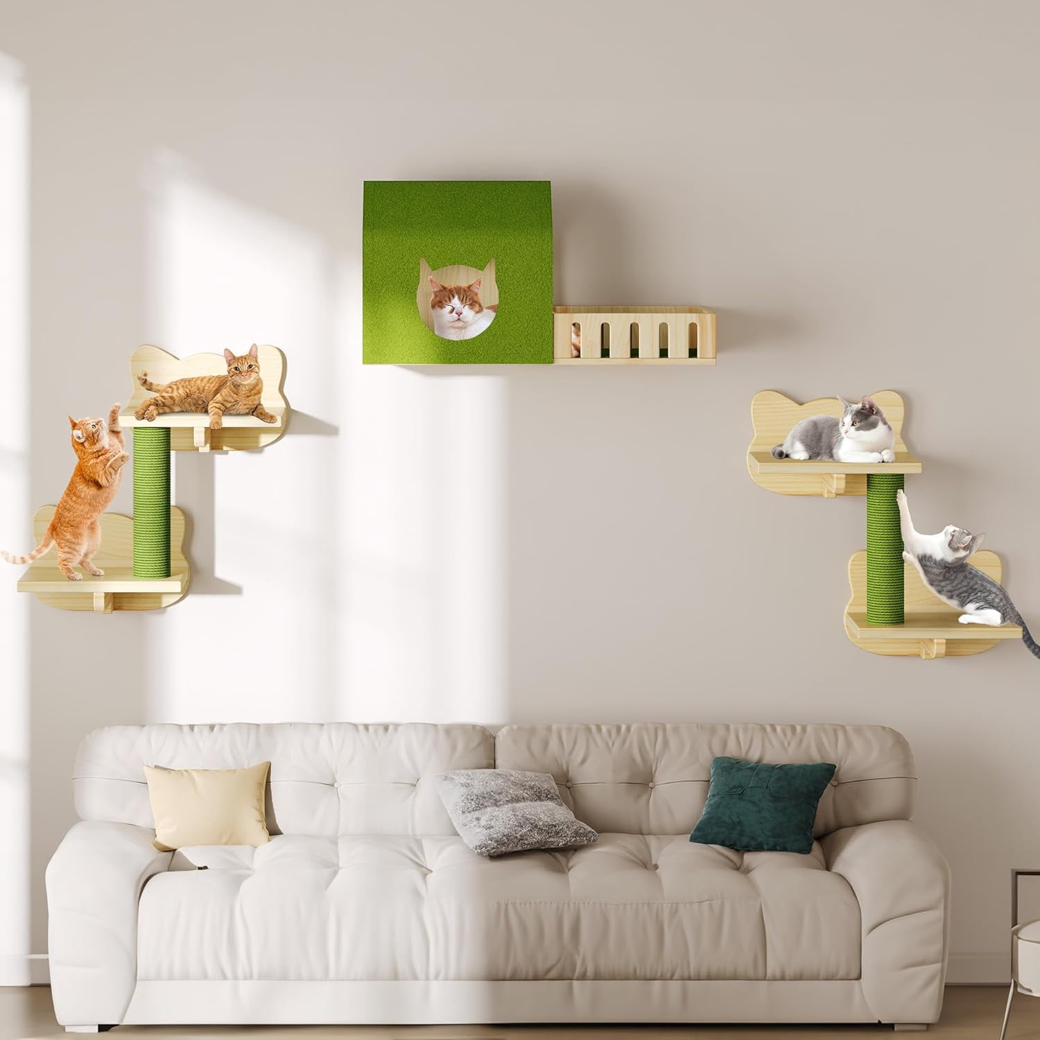 7-Piece  Wall Shelves and Perches Set with Solid Wood Climbing Furniture, Green House and Fence Steps for Indoor Cats