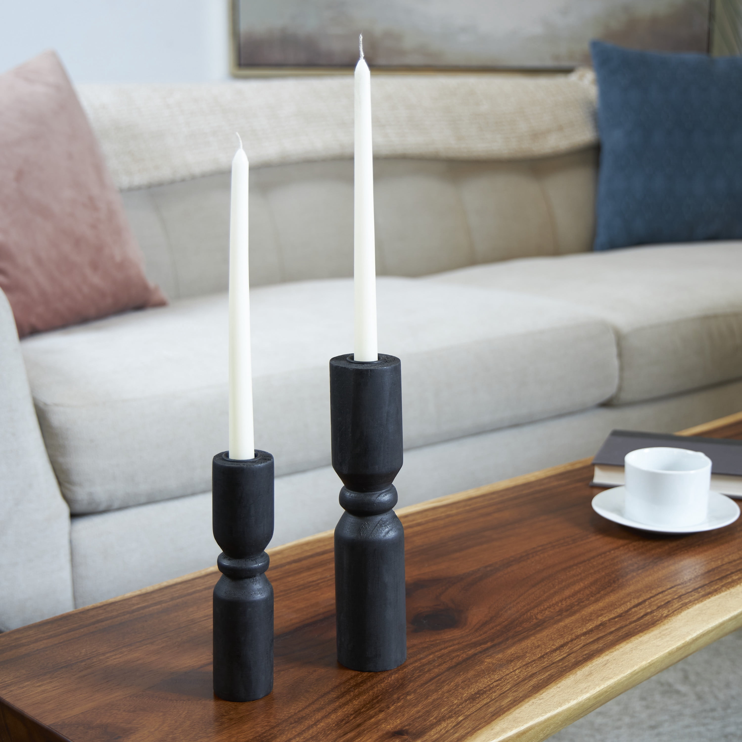 DecMode 2 Candle Black Wood Minimalistic Tapered Candle Holder, Set of 2
