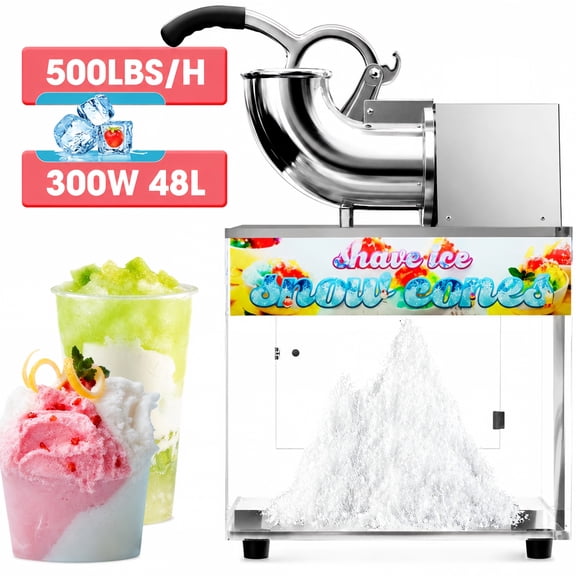 Commercial Ice Shaving Machine 500 lbs/H, 300W Electric Snow Cone Maker with Stainless Steel Blades, Ice Scoop, Syrup Bottles & Replacement Blades
