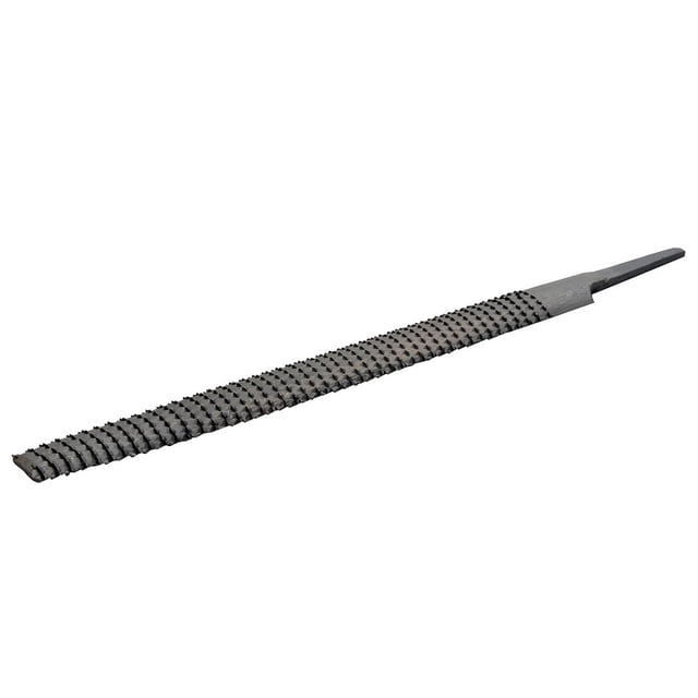lima escofina media caña bastarda 10 pulgadas 120393 surtek Vista 3/4 de una escofina media caña bastarda Surtek de 10 pulgadas con cuerpo curvado y dientes triangulares individuales formados con buril, superficie rugosa, espiga y mango plano estrecho; color amarillo indicado por la marca. A menudo se usa para dar forma a madera, aluminio, plomo y cascos de caballo.