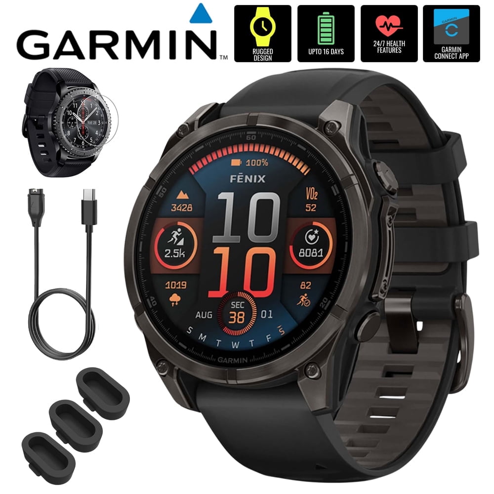 Garmin 010-02904-20 Fenix 8 47mm GPS Smartwatch, Sapphire, Carbon Gray Titanium with Black Silicone Band Bundle with Screen Protector, 3x Silicone Dust Cover and USB Type C Charging and Sync Cable