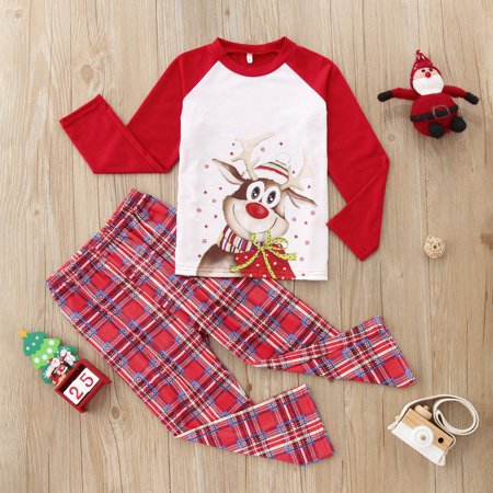 

Christmas Kids Long Sleeve Deer Plaid Print Tops Pants Family Clothes Pajamas