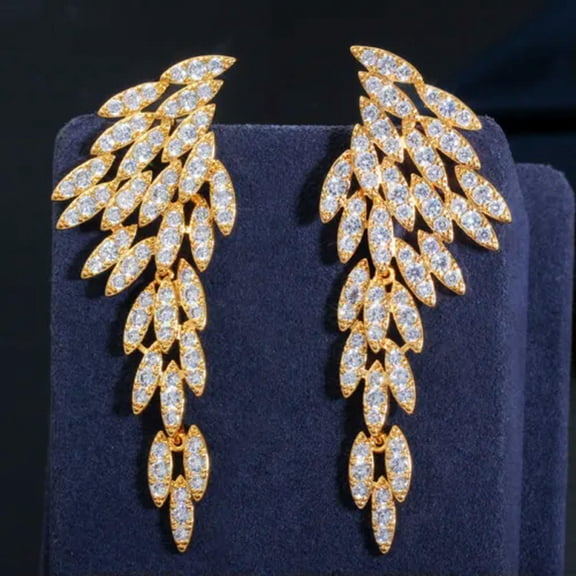Yellow Gold Cubic Zircon 925 Silver Leaf Long Dangle Feather Wing Women Earrings