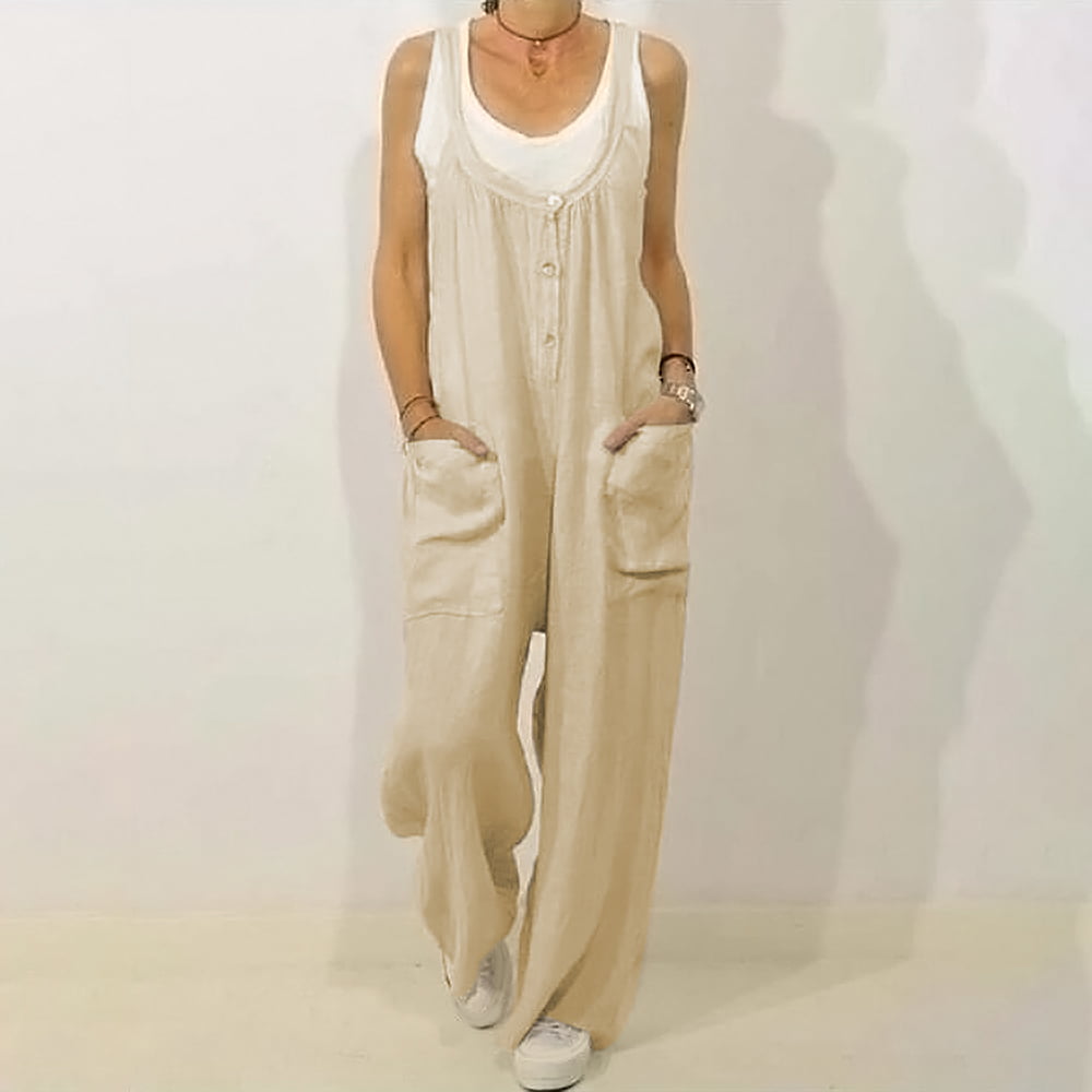 Dcenta - Women Summer Cotton Linen Jumpsuit Solid Color Wide Leg Pants