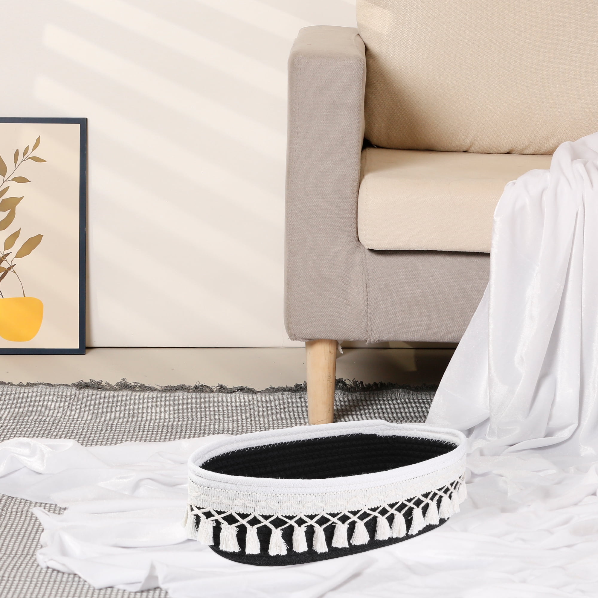 Unique Bargains Woven Storage Basket with Tassels for Key Tray Bowl Black