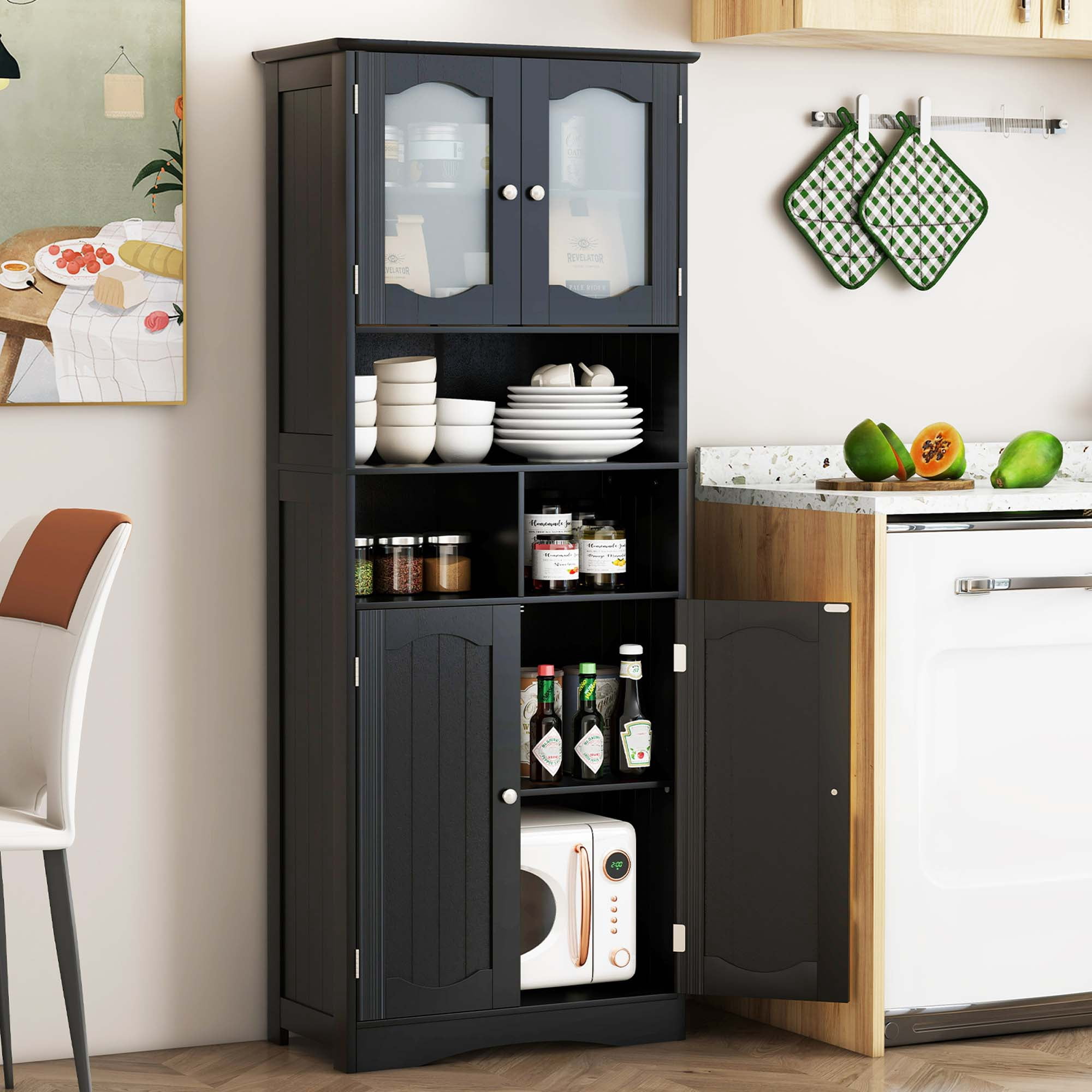 Costway 58.5" Tall Bathroom Storage Cabinet Freestanding Linen Cabinet with Shelves Black