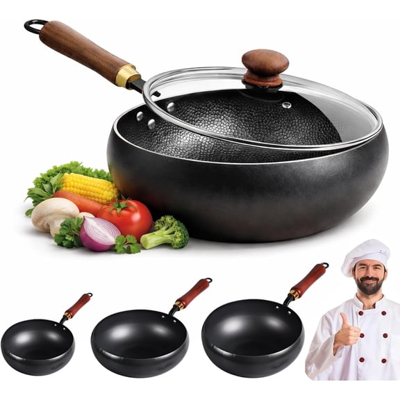 CLIQKWEN Japanese Cast Iron Wok, Traditional Uncoated Thick Iron Cookware, Non-Stick Carbon Steel Wok Pan with Lid, Multipurpose Kitchen Frying Pan
