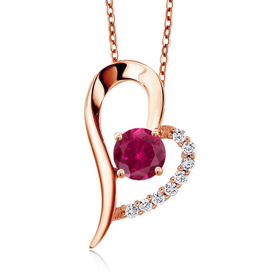 Gem Stone King 18K Rose Gold Plated Silver Red Created Ruby Heart Shape Pendant Necklace for Women (1.12 Cttw, Round 6MM, Gemstone July Birthstone, with 18 inch Chain)