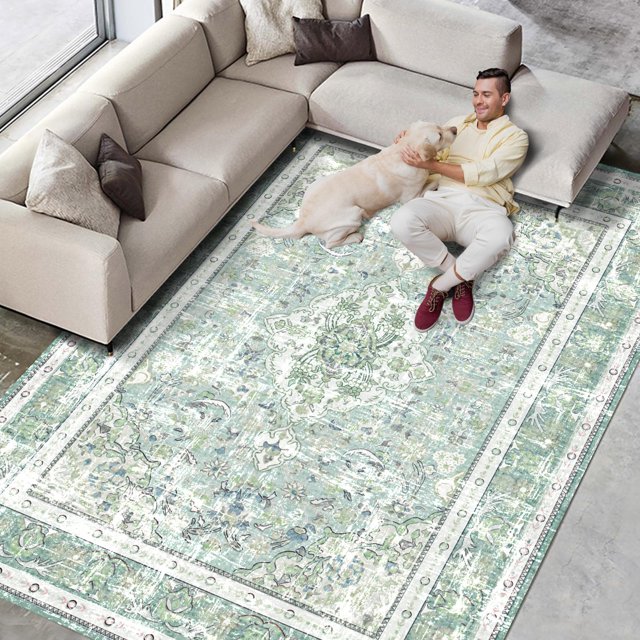 Alfombra Vhong Boho, lavable, vintage, moderna, 150 x 210 cm, verde