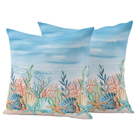 Outdoor Pillow Covers 24x24 Set of 2, Summer Nautical Waterproof Patio Throw Pillow Covers for Couch Sofa Chair, Coastal Beach Starfish Coral Shell Blue Decorative Pillowcases for Throw Pillows