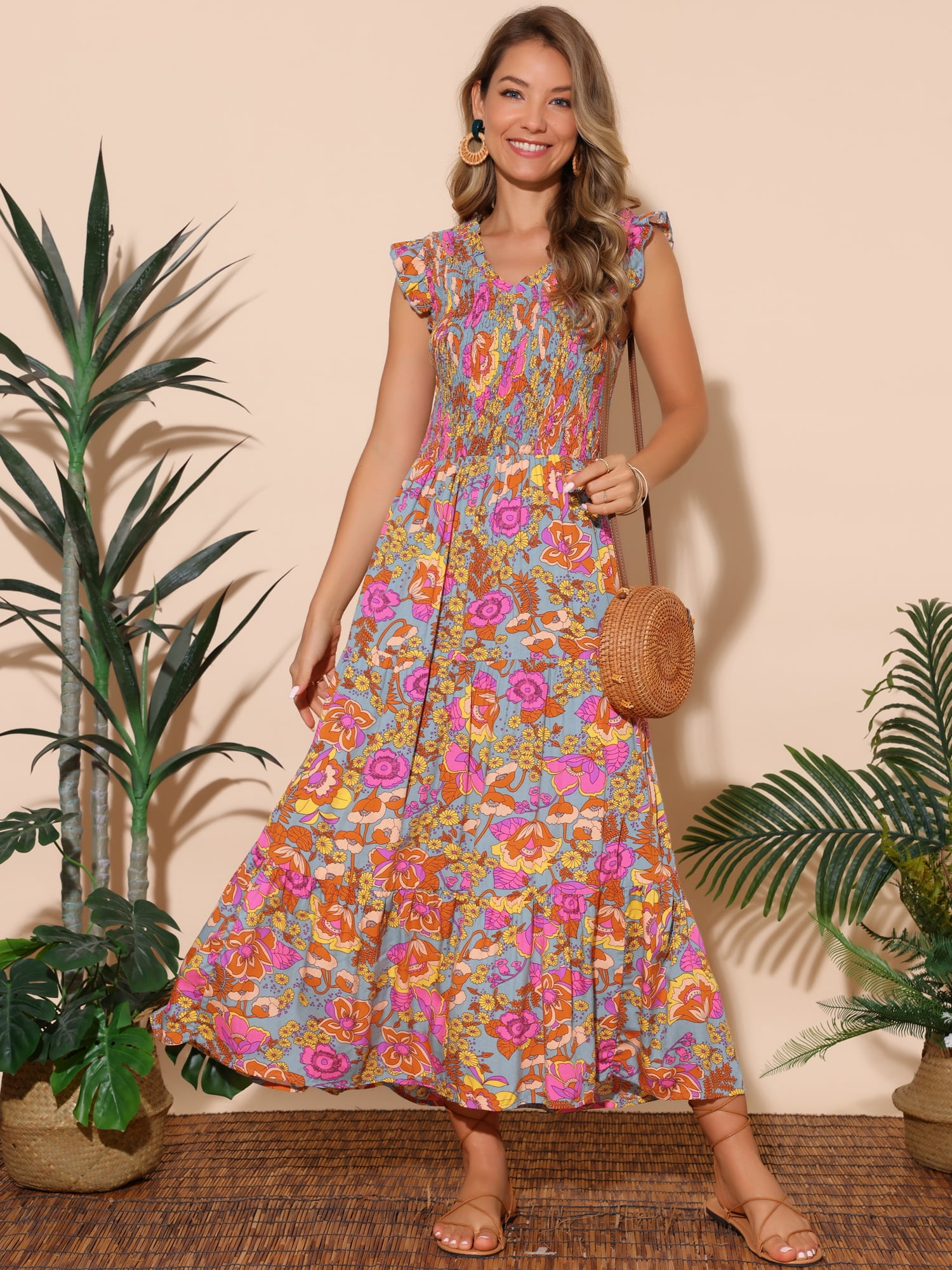 DARING DIVA V Neck Smocked Ruffle Tiered Maxi Dress M Grey Green