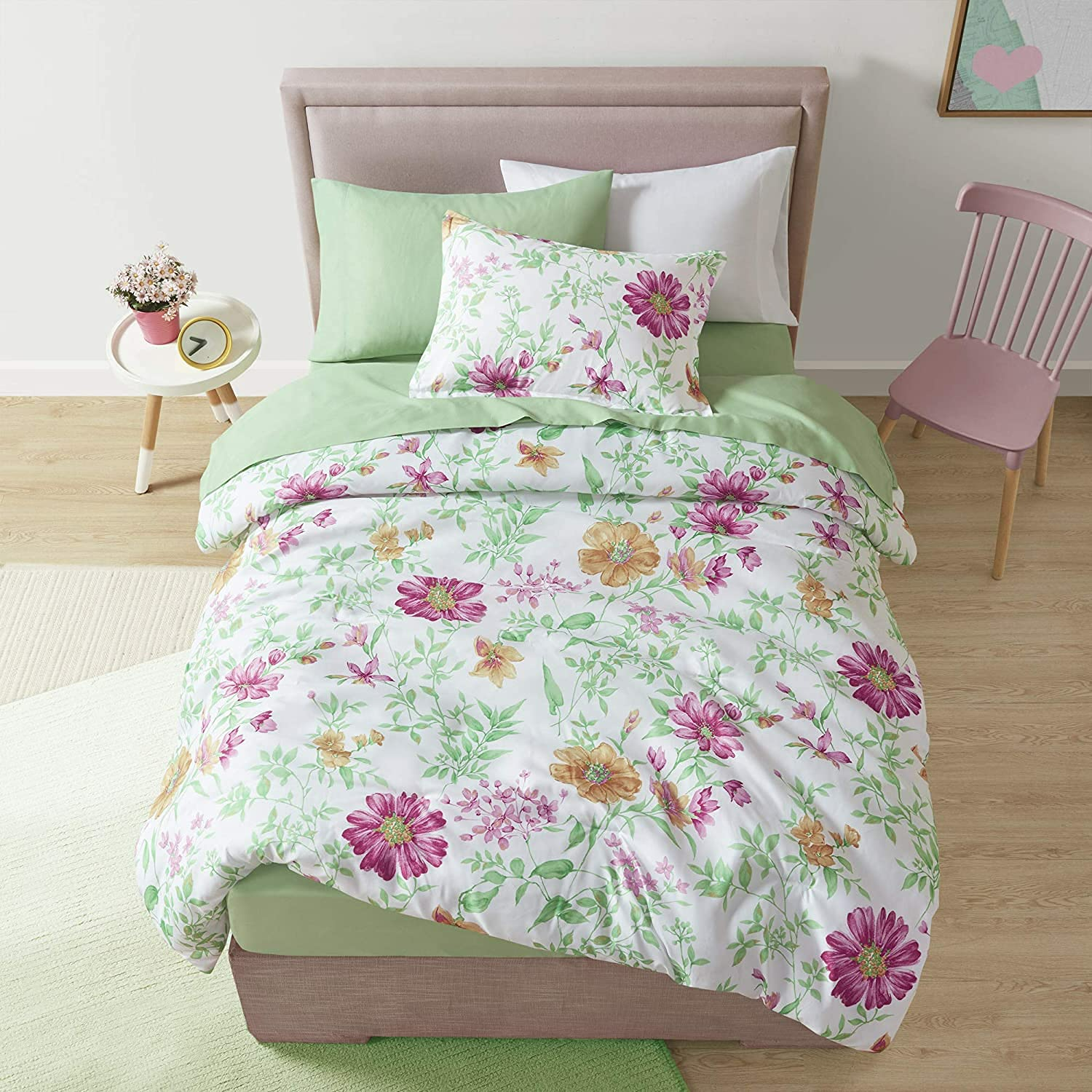 Comfort Spaces 9-Pieces Queen Bed in a Bag Comforter Sets Microfiber Down Alternative Daisies Green with Sheet Set and Side Pockets - image 4 of 12
