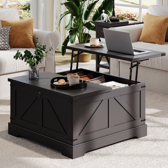 Black Top Coffee Table with Hidden Storage and Flip Drawer