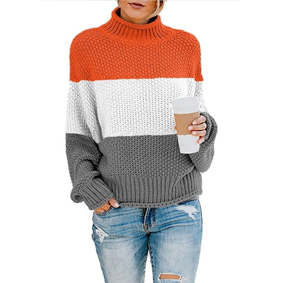 Lilgiuy Winter Women Knit Color Matching Round Neck Loose Casual Sweater Tops for Photoshot