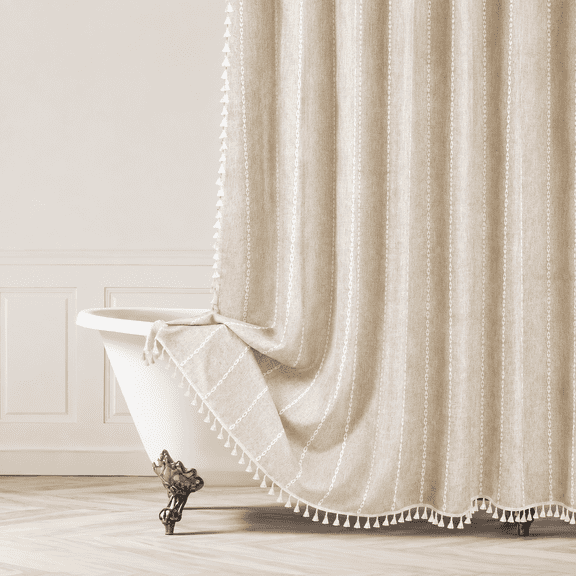 Cream Linen Blend Boho Farmhouse Shower Curtain with Tassels, 72"W x 72"L