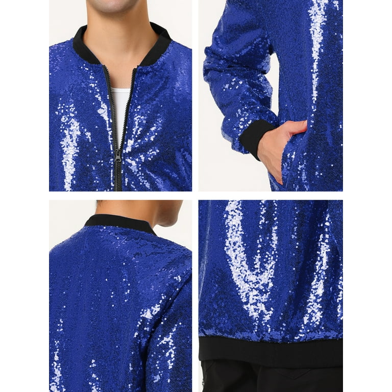 Men's blue sequin bomber jacket discount