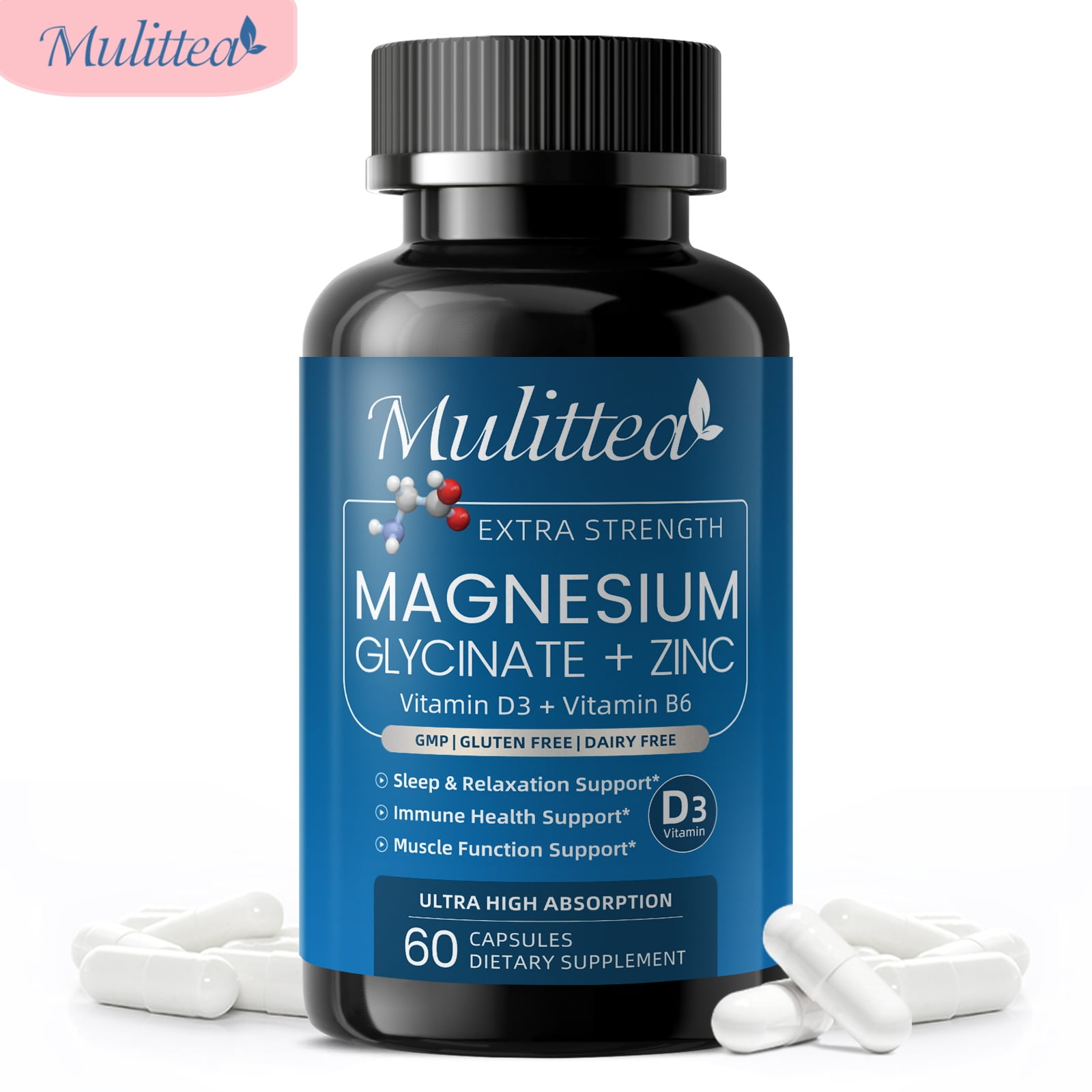 Mulittea Magnesium Glycinate 500mg with Zinc, Vitamin D3 & B6, High Absorption Magnesium Supplement, Supports Muscle Recovery, Sleep & Immune Health, 60 Vegan Capsules