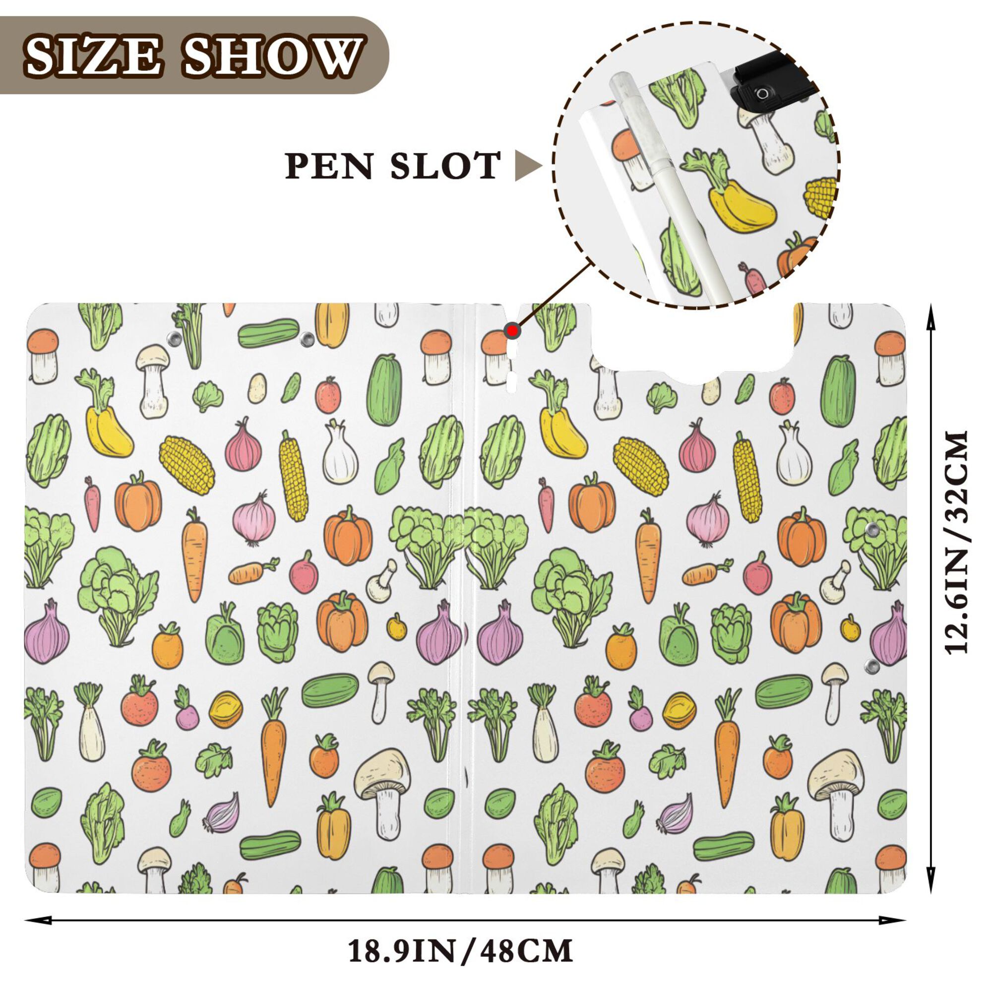 FORMRS A4 Clipboard Folder with Pen Holder Horizontal Foldable School Office Binder, Green Vegetables Pattern