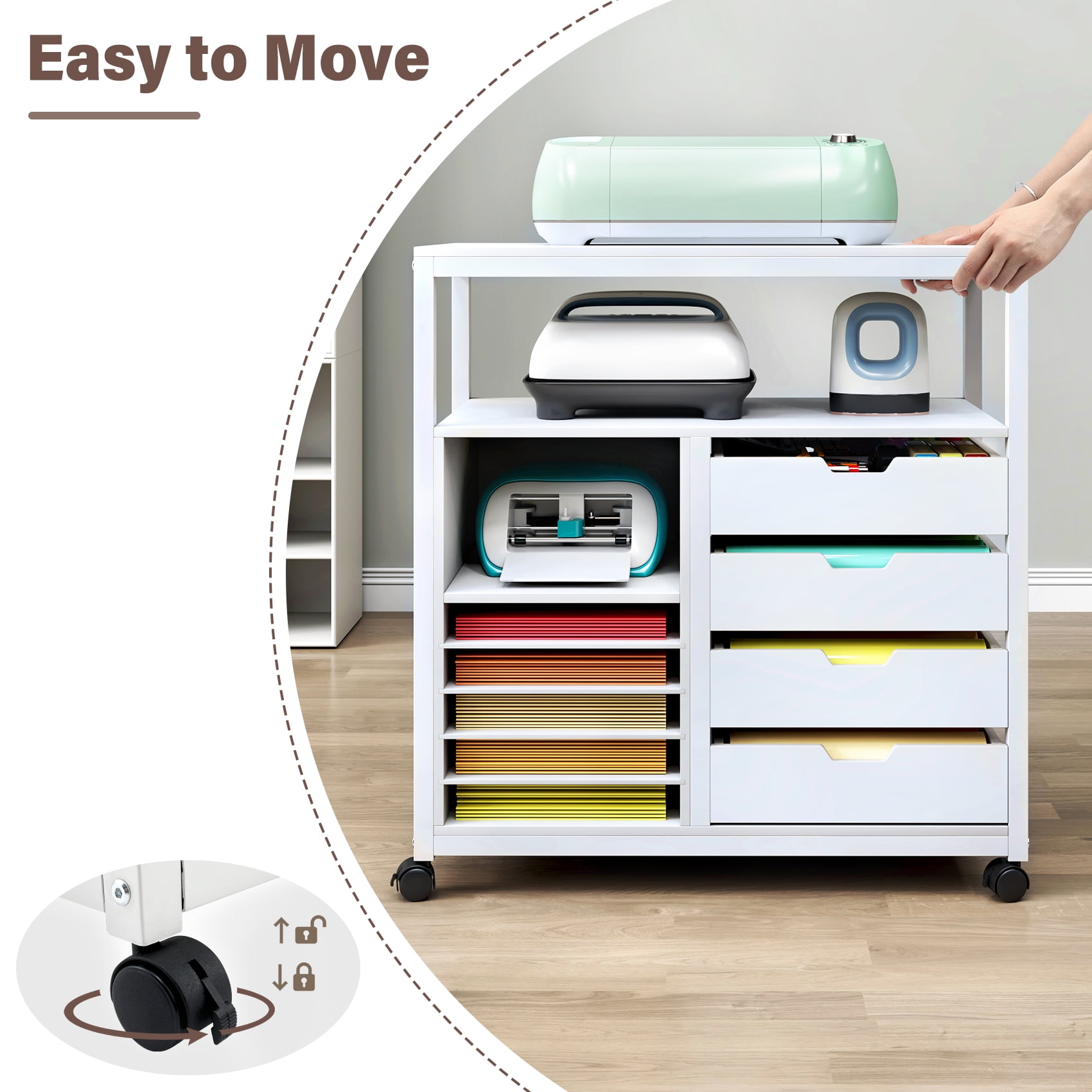 TC-HOMENY Mobile Craft Storage Utility Cart Compatible w/ Cricut Machines, Multifunctional Craft Organizer Container w/ Large Space, Rolling Modern Furniture w/ Wheels, White