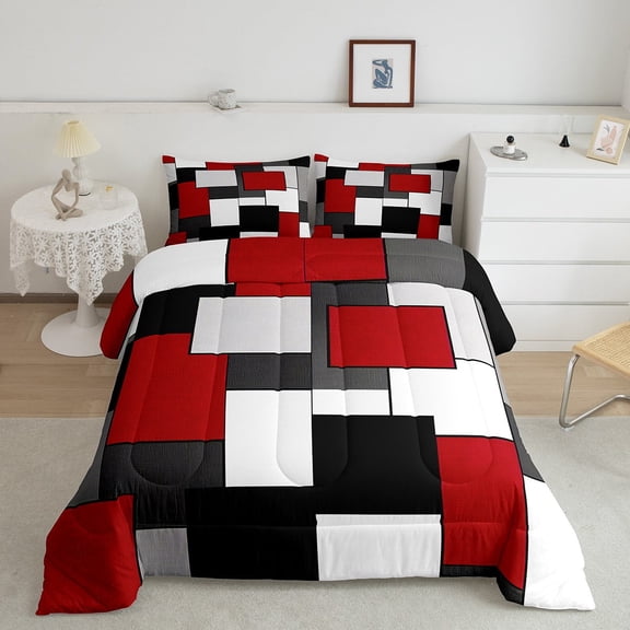 Manfei Red Square Bedding Comforter Set, Modern Geometric Down Comforter, Chic Abstract Duvet Insert, Microfiber Room Decor, 2-Piece
