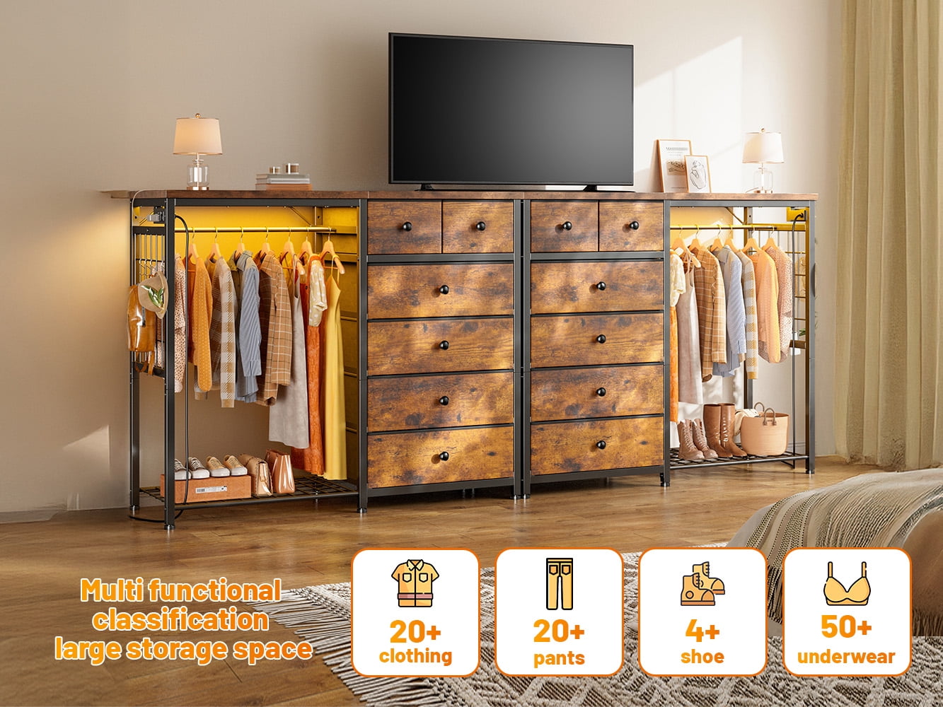 Snhomee Modern Dresser with Clothes Rack Bedroom Dresser with Hanging Rack & Side Storage Drawers Dresser with Fabric Drawers & LED Lights